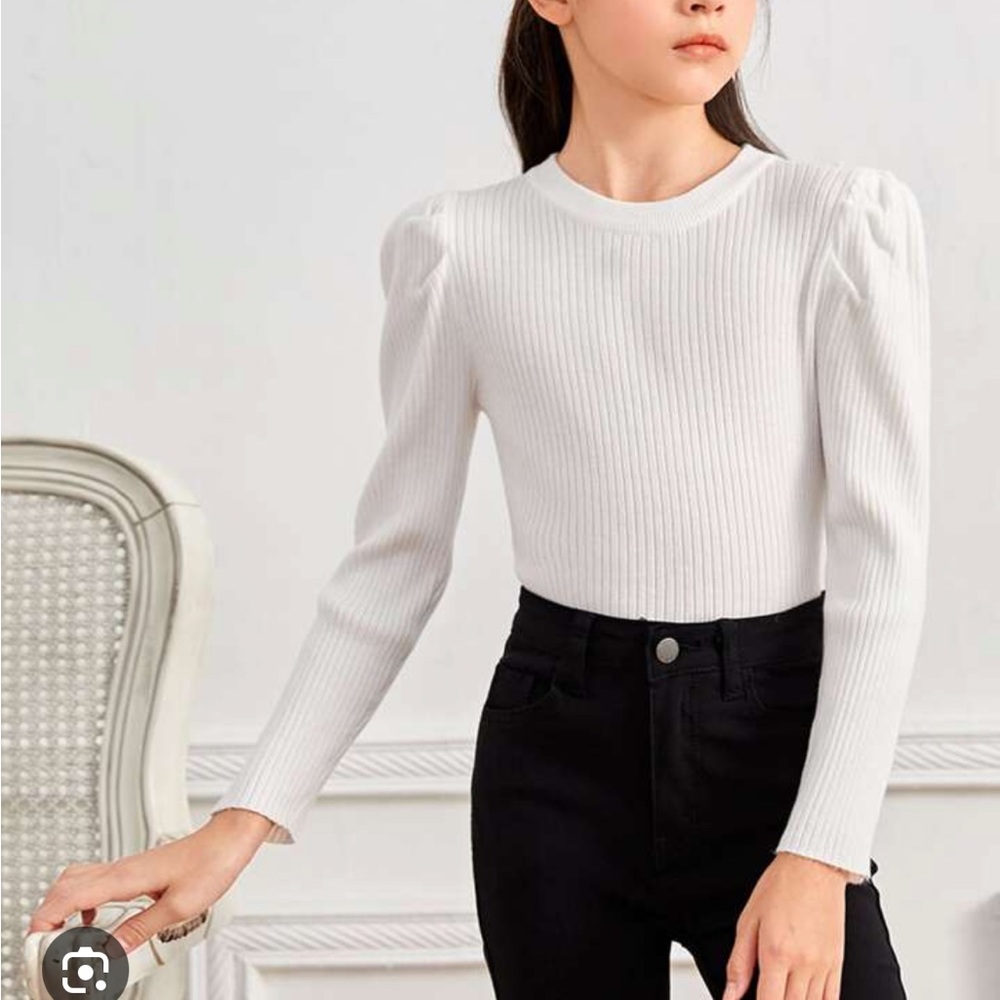 SHEIN girl’s white ribbed puff shoulder long sleeve top size 11/12